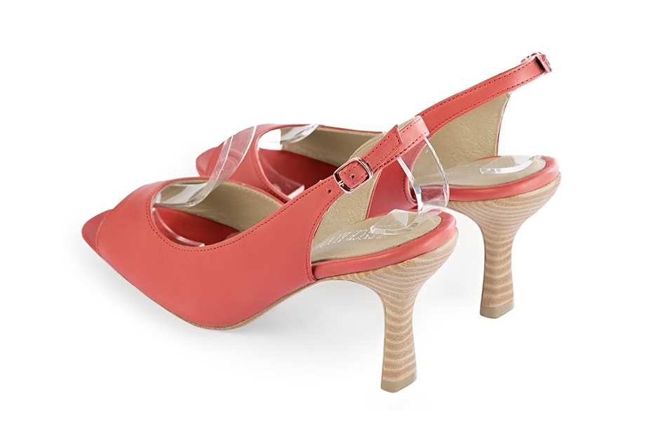 Women's coral open-toe dress pumps with back strap. Round toe. High spool heels - Rear view